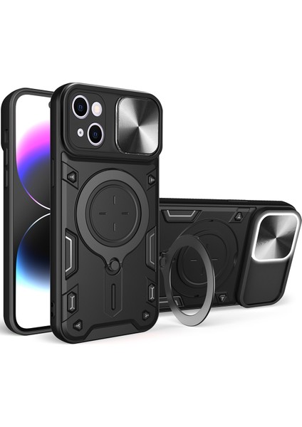 iPhone 14 Plus Için Çift Katmanlı Telefon Kılıfı, Slayt Kamera Kapağı ve Metal Gizli Braket ile Siyah (Yurt Dışından)