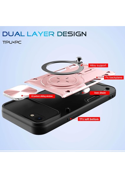 iPhone 8 / 7 /iphone Se 2020/2022 Için Çift Katmanlı Telefon Kılıfı, Slayt Kamera Kapağı ve Metal Gizli Braket ile Rose Gold (Yurt Dışından)
