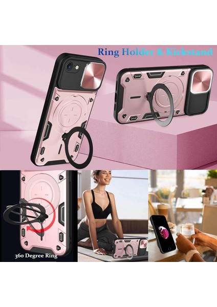 iPhone 8 / 7 /iphone Se 2020/2022 Için Çift Katmanlı Telefon Kılıfı, Slayt Kamera Kapağı ve Metal Gizli Braket ile Rose Gold (Yurt Dışından)