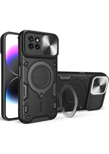 Itel S23 Için Çift Katmanlı Telefon Kılıfı, Slayt Kamera Kapağı ve Metal Gizli Braket ile Siyah (Yurt Dışından)