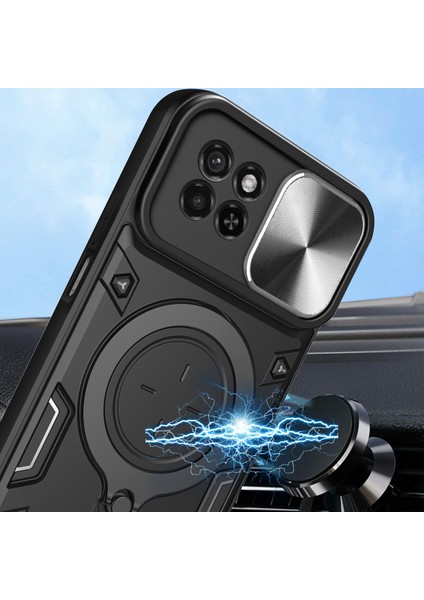 Itel S23 Için Çift Katmanlı Telefon Kılıfı, Slayt Kamera Kapağı ve Metal Gizli Braket ile Siyah (Yurt Dışından)