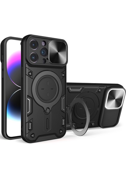 iPhone 14 Pro Max Için Çift Katmanlı Telefon Kılıfı, Slayt Kamera Kapağı ve Metal Gizli Braket ile Siyah (Yurt Dışından)