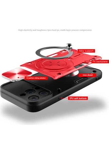 iPhone 14 Pro Max Için Çift Katmanlı Telefon Kılıfı, Slayt Kamera Kapağı ve Metal Gizli Braket ile Kırmızı (Yurt Dışından) fırsatları