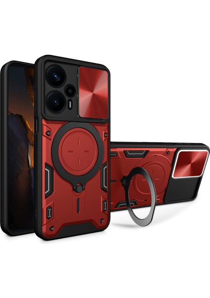 Xiaomi Poco F5 Için Çift Katmanlı Telefon Kılıfı, Slayt Kamera Kapağı ve Metal Gizli Braket ile Kırmızı (Yurt Dışından)