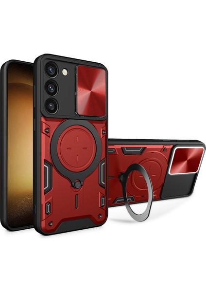 Samsung Galaxy S23 Için Çift Katmanlı Telefon Kılıfı, Slayt Kamera Kapağı ve Metal Gizli Braket ile Kırmızı (Yurt Dışından)