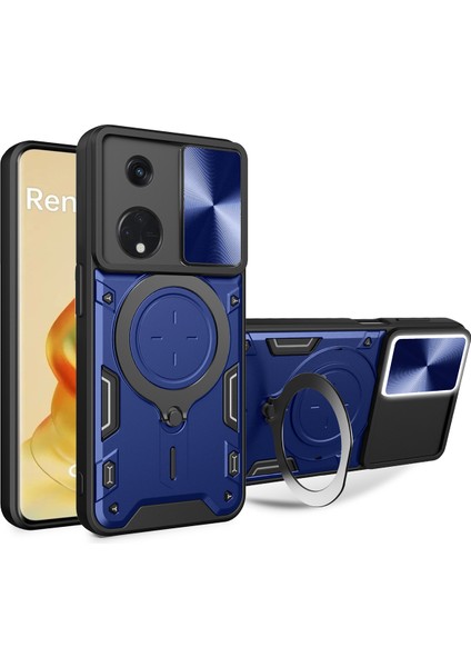 Oppo Reno8 T 5g Için Çift Katmanlı Telefon Kılıfı, Slayt Kamera Kapağı ve Metal Gizli Braket ile Mavi (Yurt Dışından)