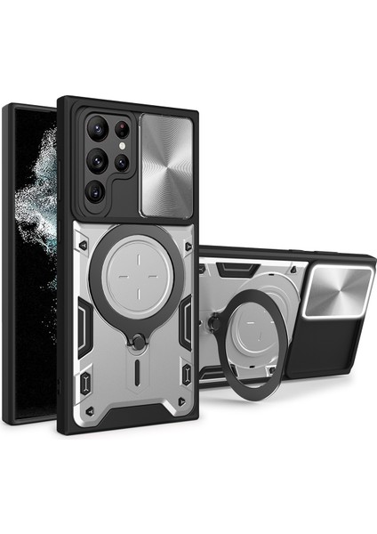 Samsung Galaxy S22 Ultra 5g Için Çift Katmanlı Telefon Kılıfı, Slayt Kamera Kapağı ve Metal Gizli Braket ile Gümüş (Yurt Dışından)