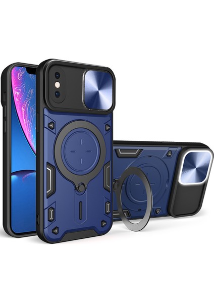 iPhone Xs /iphone x Için Çift Katmanlı Telefon Kılıfı, Slayt Kamera Kapağı ve Metal Gizli Braket ile Mavi (Yurt Dışından)
