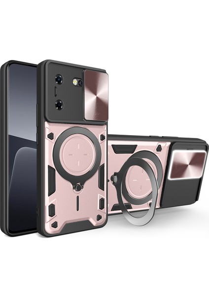 Tecon Pova 5 Için Çift Katmanlı Telefon Kılıfı, Slayt Kamera Kapağı ve Metal Gizli Braket ile Rose Gold (Yurt Dışından)