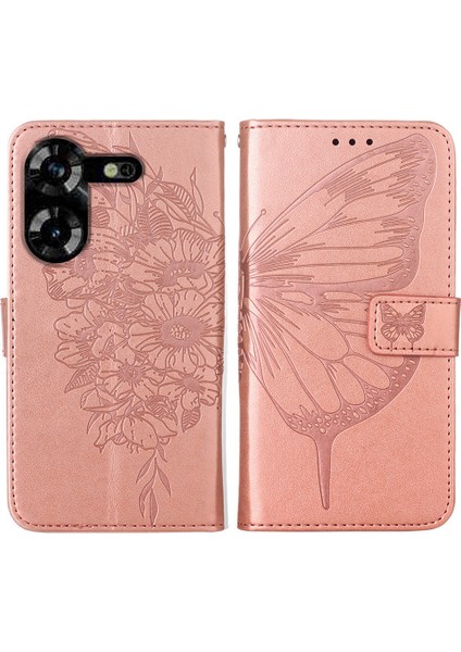 Tecno Pova 5 LH7N Için Kelebek Pu Deri Çevirmeli Cüzdan Stand Telefon Kılıfı - Rose Gold (Yurt Dışından)