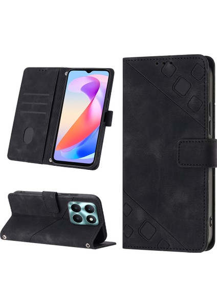 Honor X6A Için Kabartmalı Deri Cüzdan Stand Telefon Kılıfı - Siyah (Yurt Dışından)