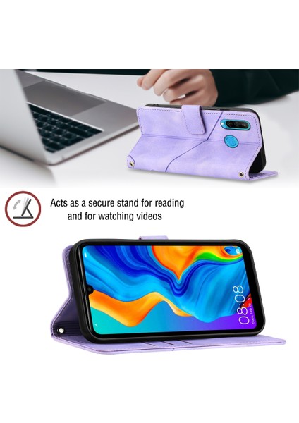 Huawei P30 Lite Için Kabartmalı Deri Cüzdan Stand Telefon Kılıfı - Mor (Yurt Dışından)