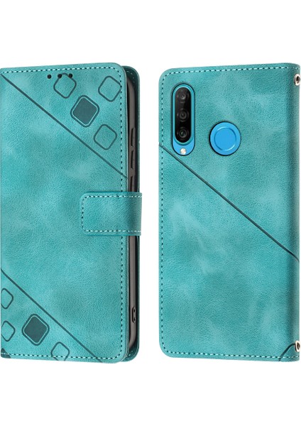 Huawei P30 Lite Için Kabartmalı Deri Cüzdan Stand Telefon Kılıfı - Yeşil (Yurt Dışından)