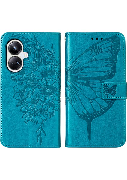 Realme 10 Pro+ 5g Için Kelebek Pu Deri Çevirmeli Cüzdan Stand Telefon Kılıfı - Mavi (Yurt Dışından)