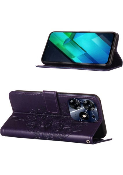 Tecno Spark 10 Pro Için Kelebek Pu Deri Çevirmeli Cüzdan Stand Telefon Kılıfı - Koyu Mor (Yurt Dışından)