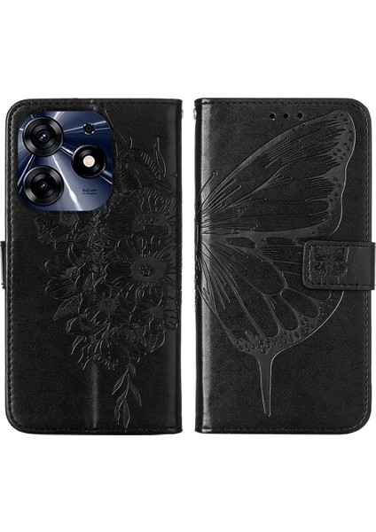 Tecno Spark 10 Pro Için Kelebek Pu Deri Çevirmeli Cüzdan Stand Telefon Kılıfı - Siyah (Yurt Dışından)