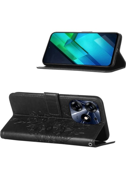 Tecno Spark 10 Pro Için Kelebek Pu Deri Çevirmeli Cüzdan Stand Telefon Kılıfı - Siyah (Yurt Dışından)
