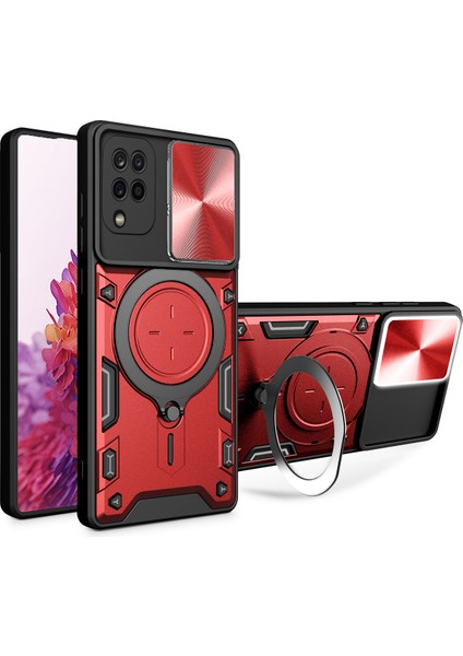 Samsung Galaxy A12 Için Çift Katmanlı Telefon Kılıfı, Slayt Kamera Kapağı ve Metal Gizli Braket ile Kırmızı (Yurt Dışından)