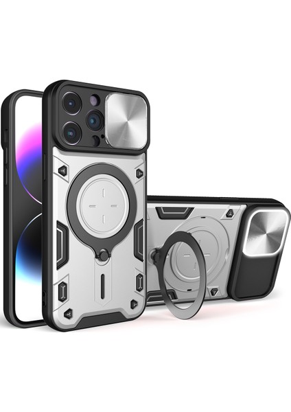 iPhone 15 Pro Için Çift Katmanlı Telefon Kılıfı, Slayt Kamera Kapağı ve Metal Gizli Braket ile Gümüş (Yurt Dışından)