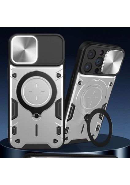 iPhone 15 Pro Için Çift Katmanlı Telefon Kılıfı, Slayt Kamera Kapağı ve Metal Gizli Braket ile Gümüş (Yurt Dışından) indirimleri