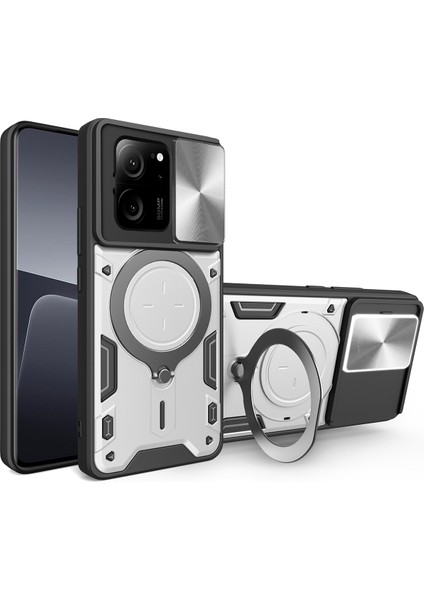 Xiaomi 13T /13T Pro /redmi K60 Ultra Için Çift Katmanlı Telefon Kılıfı, Slayt Kamera Kapağı ve Metal Gizli Braket ile Gümüş (Yurt Dışından)