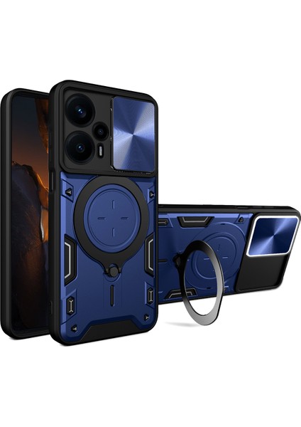 Xiaomi Poco F5 Için Çift Katmanlı Telefon Kılıfı, Slayt Kamera Kapağı ve Metal Gizli Braket ile Mavi (Yurt Dışından)