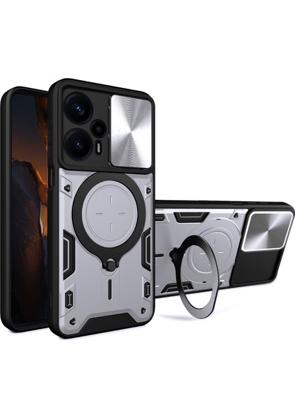 Xiaomi Poco F5 Için Çift Katmanlı Telefon Kılıfı, Slayt Kamera Kapağı ve Metal Gizli Braket ile Gümüş (Yurt Dışından)