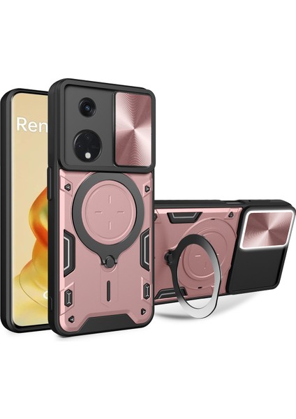 Oppo Reno8 T 5g Için Çift Katmanlı Telefon Kılıfı, Slayt Kamera Kapağı ve Metal Gizli Braket ile Rose Gold (Yurt Dışından)