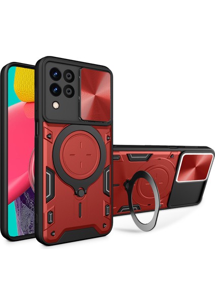 Samsung Galaxy M53 5g Için Çift Katmanlı Telefon Kılıfı, Slayt Kamera Kapağı ve Metal Gizli Braket ile Kırmızı (Yurt Dışından)