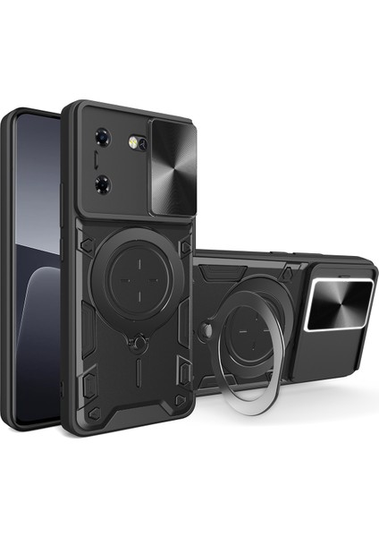 Tecon Pova 5 Için Çift Katmanlı Telefon Kılıfı, Slayt Kamera Kapağı ve Metal Gizli Braket ile Siyah (Yurt Dışından)