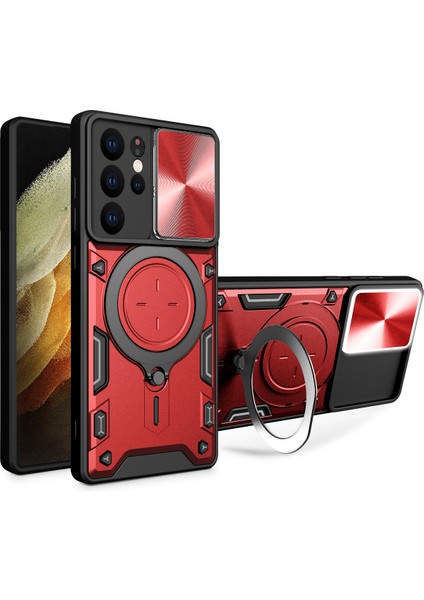 Samsung Galaxy S21 Ultra 5g Için Çift Katmanlı Telefon Kılıfı, Slayt Kamera Kapağı ve Metal Gizli Braket ile Kırmızı (Yurt Dışından)