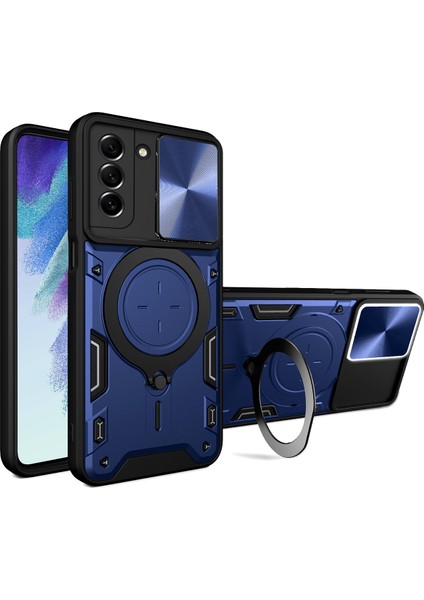 Samsung Galaxy S21 Fe 5g Için Çift Katmanlı Telefon Kılıfı, Slayt Kamera Kapağı ve Metal Gizli Braket ile Mavi (Yurt Dışından)