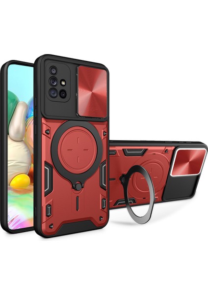 Samsung Galaxy A71 4g Için Çift Katmanlı Telefon Kılıfı, Slayt Kamera Kapağı ve Metal Gizli Braket ile Kırmızı (Yurt Dışından)