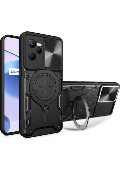 Realme C35 Için Çift Katmanlı Telefon Kılıfı, Slayt Kamera Kapağı ve Metal Gizli Braket ile Siyah (Yurt Dışından)