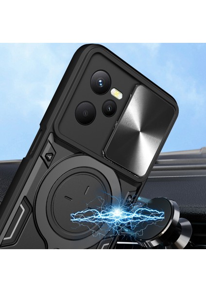 Realme C35 Için Çift Katmanlı Telefon Kılıfı, Slayt Kamera Kapağı ve Metal Gizli Braket ile Siyah (Yurt Dışından) modelleri