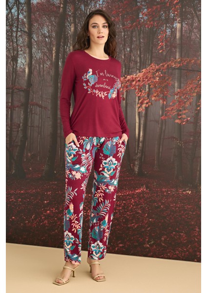 Kadın Çiçek ve Yaprak Desenli "ı'm Living In A Dreamland" Pijama Takımı 23146