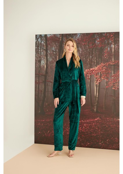 Kadın Kruvaze Yaka Kadife Pijama Takımı 23157