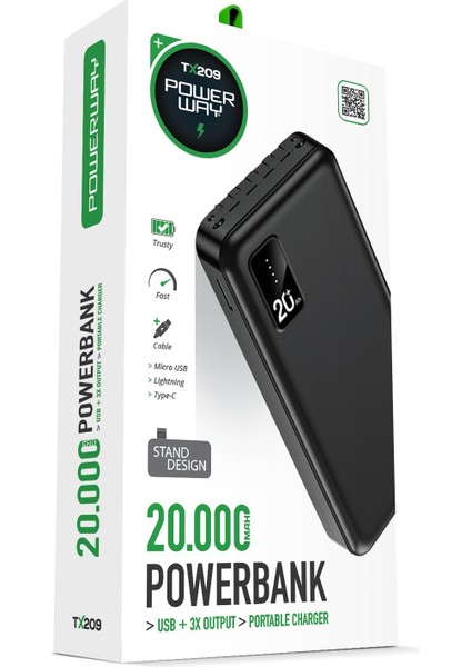 20.000 Mah Kablolu Dijital Göstergeli 20.000 Mah Garantili Dahili Stand TX209 Siyah Powerbank