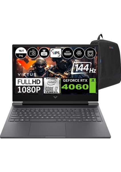 Victus 16-R1051NT Intel Core I7-14700HX 16GB Ddr5 512GB SSD RTX4060-8GB 16.1 Inç 144HZ Full Hd Freedos Gaming Laptop 9J234EAWF01 + Weblegelsin Çanta