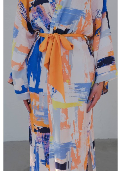 Gaia Saten Desenli Kimono