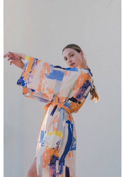Gaia Saten Desenli Kimono