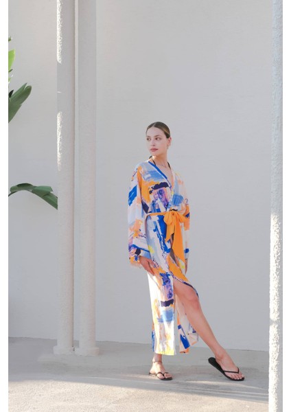 Gaia Saten Desenli Kimono