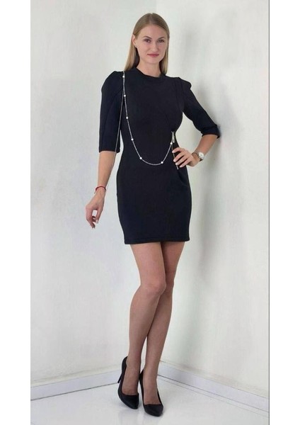 Kadın Scuba Kumaş Aksesuar Detaylı Mini Tasarım Elbise