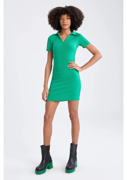Kadın Benetton Yeşil Polo Yaka Basic Kaşkorse Elbise
