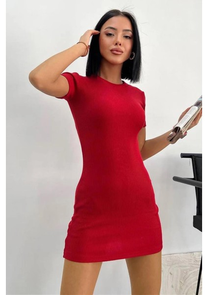 Kadın Kırmızı Bisiklet Yaka Basic Kaşkorse Elbise