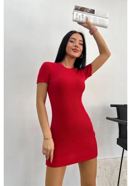 Kadın Kırmızı Bisiklet Yaka Basic Kaşkorse Elbise fiyatları