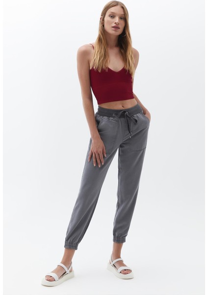 Kadın Gri Paça Bel Lastikli Tencel Pantolon