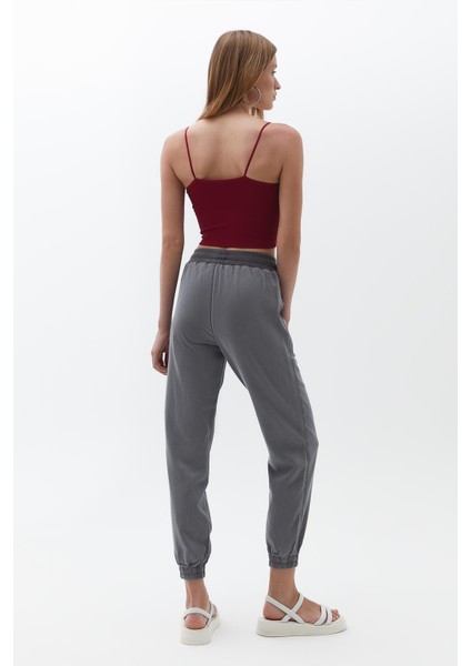 Kadın Gri Paça Bel Lastikli Tencel Pantolon