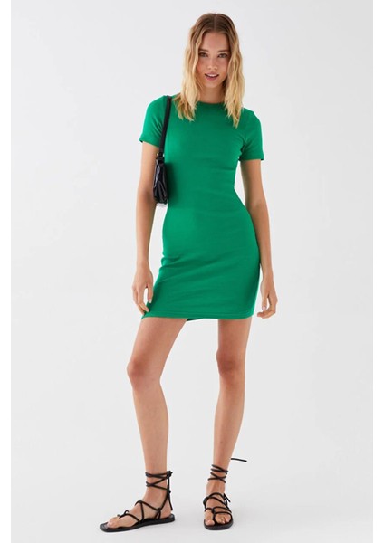Kadın Benetton Yeşil Bisiklet Yaka Basic Kaşkorse Elbise