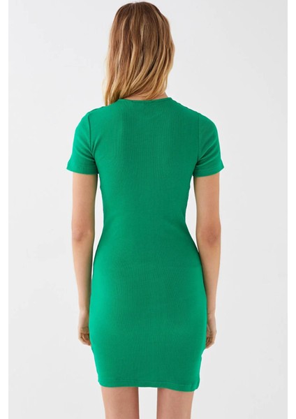 Kadın Benetton Yeşil Bisiklet Yaka Basic Kaşkorse Elbise
